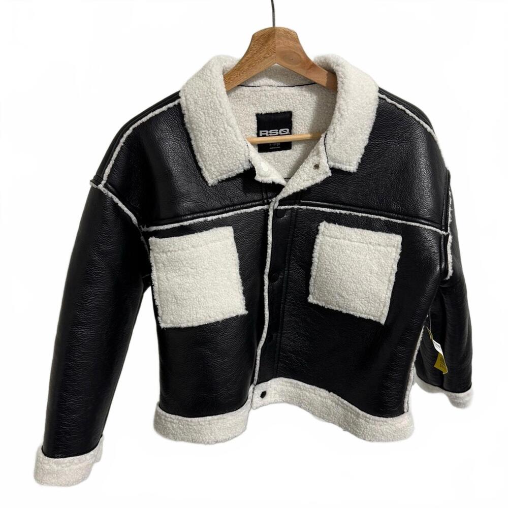 RSQ Black Faux Leather and White Sherpa Jacket